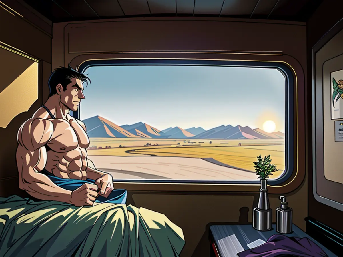 Perspective from the lower berth in a luxurious twin compartment on the Ghan's gold class. Perspective from the lower tier of a luxurious twin compartment in the Ghan's gold class.