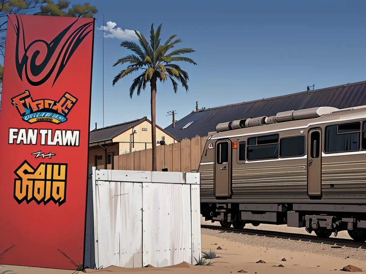The Ghán train halts at Alice Springs Railway Station, which is situated in Australia's Northern Territory. The Ghana train halts at the Alice Springs Railway Station, located in Australia's Northern Territory.