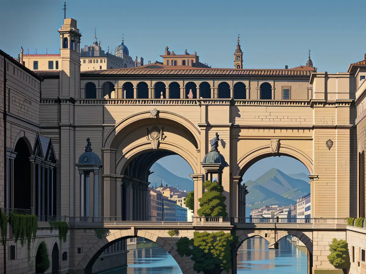 The passage links Palazzo Vecchio with Palazzo Pitti, traversing the Uffizi Galleries and the Old Bridge (Ponte Vecchio) in the process. The passage links Palazzo Vecchio to Palazzo Pitti, utilizing the Uffizi Galleries and the Old Bridge (Ponte Vecchio) as intermediaries.