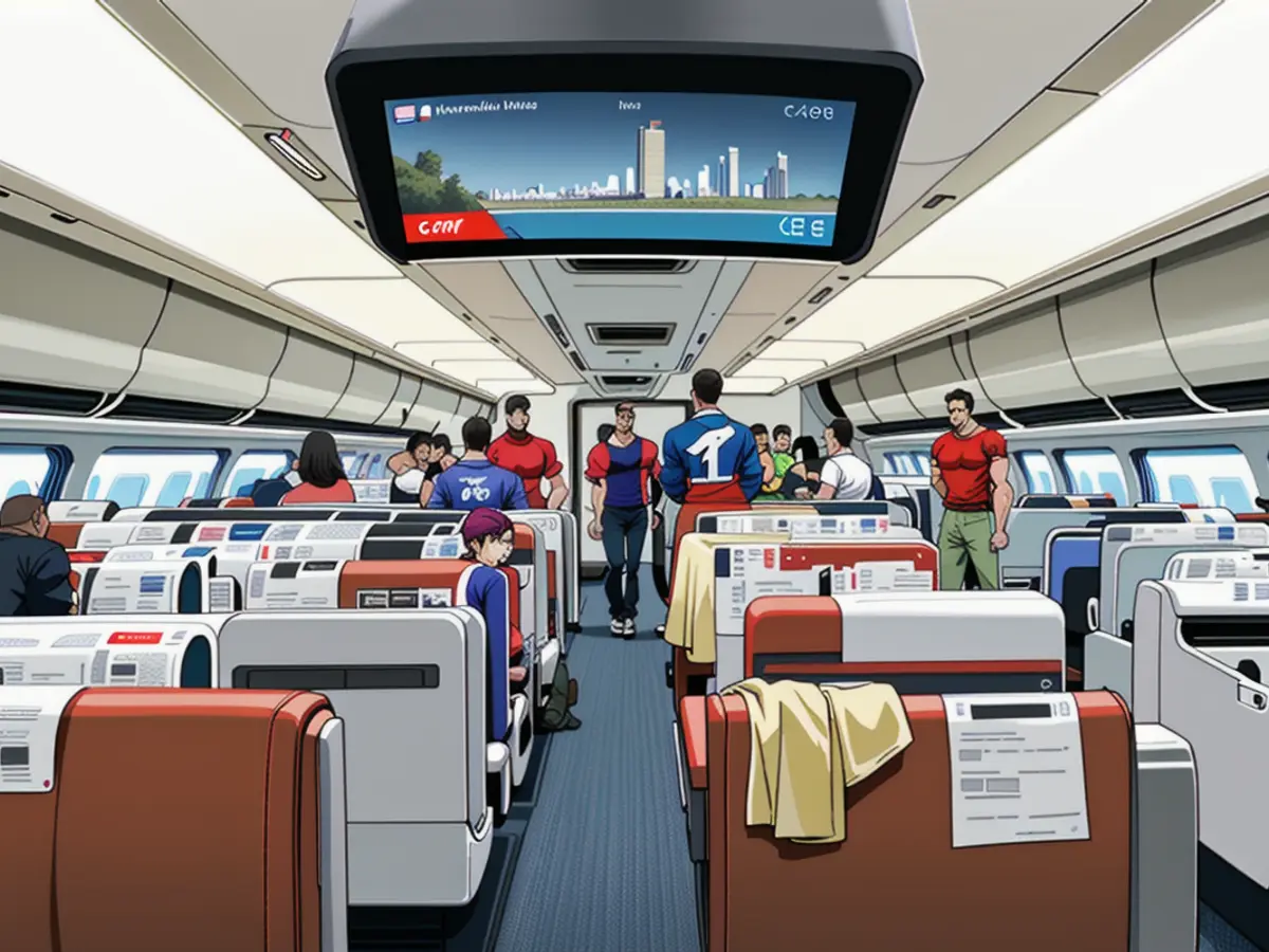 A snapshot of the economy section within the CR450AF high-speed train's passenger compartment.