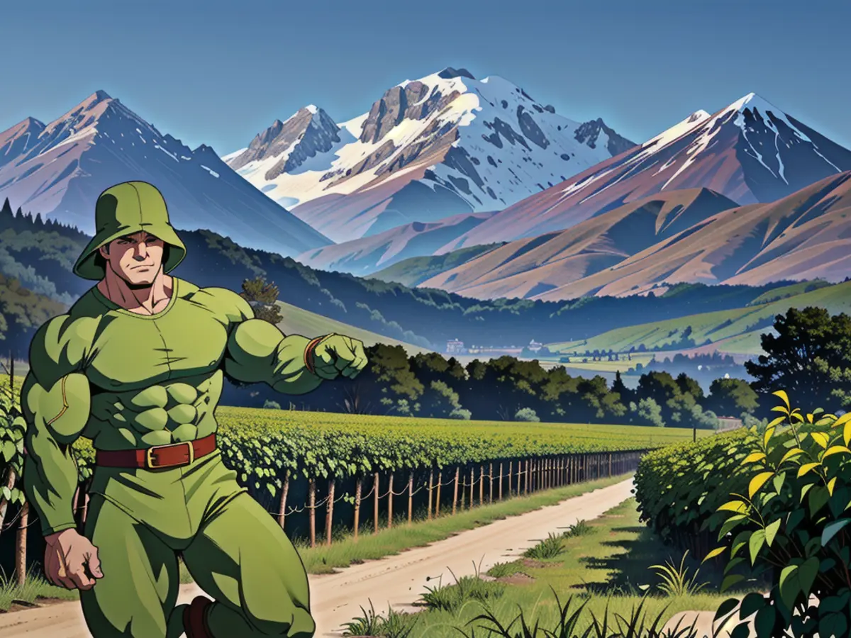 The towering Tupungato volcano, a notable peak in the Andes range, can be observed beyond the grape fields of the Cheval des Andes vineyard, located in Mendoza province. The lofty Tupungato volcano, a prominent peak in the Andes mountain range, is visible beyond the vineyards of the Cheval des Andes winery situated in Mendoza province.