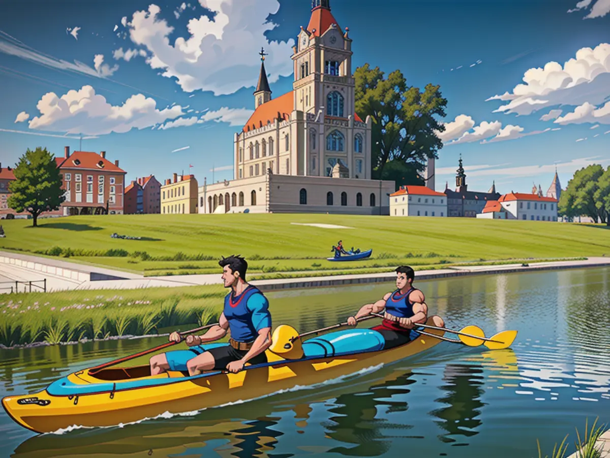 kayakers navigate close to the Museum of World War II in Gdansk, Poland.