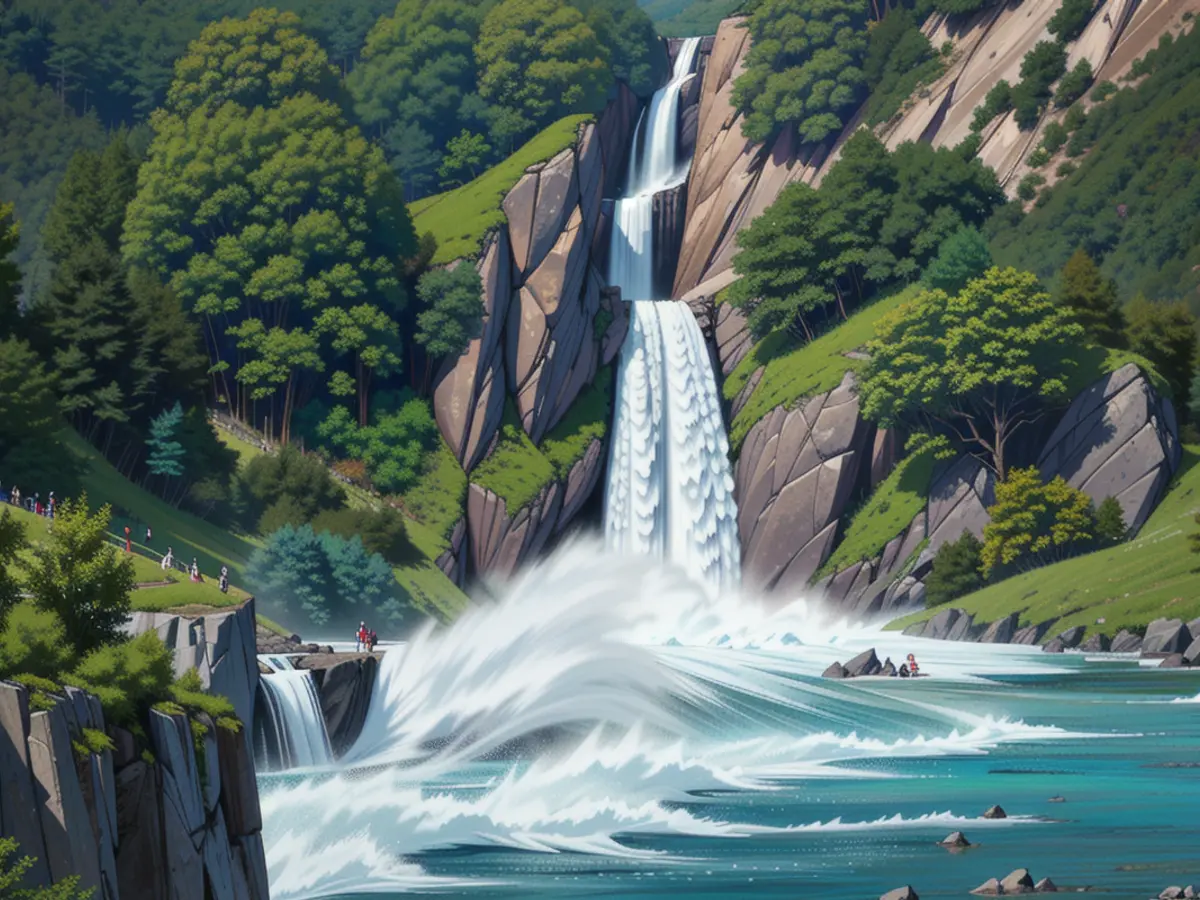 At Huka Falls, an astounding volume of 250,000 liters of water cascades down the waterfall each second. At Huka Falls, an astounding 250,000 liters of water cascade down the falls each second.