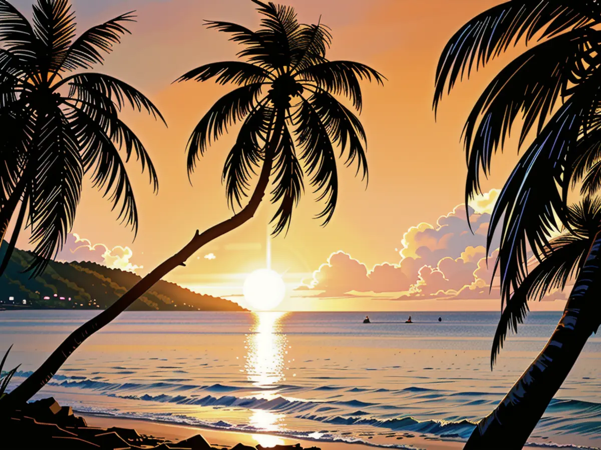 At Bequia Island, situated in St. Vincent and the Grenadines within the Caribbean, the sun transforms its surroundings into a radiant golden hue. The radiant sun imbues an aureate hue upon Bequia Island, a part of St. Vincent and the Grenadines situated in the Caribbean.
