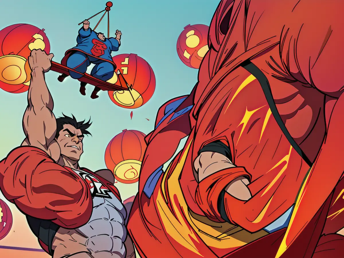 In an Nanjing, China, workshop, a diligent worker meticulously placements vibrant red lanterns in...